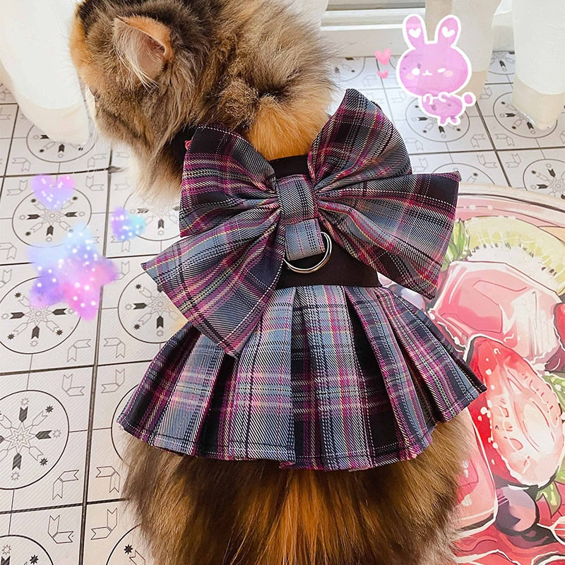 Smart Looking Dog Plaid Party Skirt/Harness With Leash