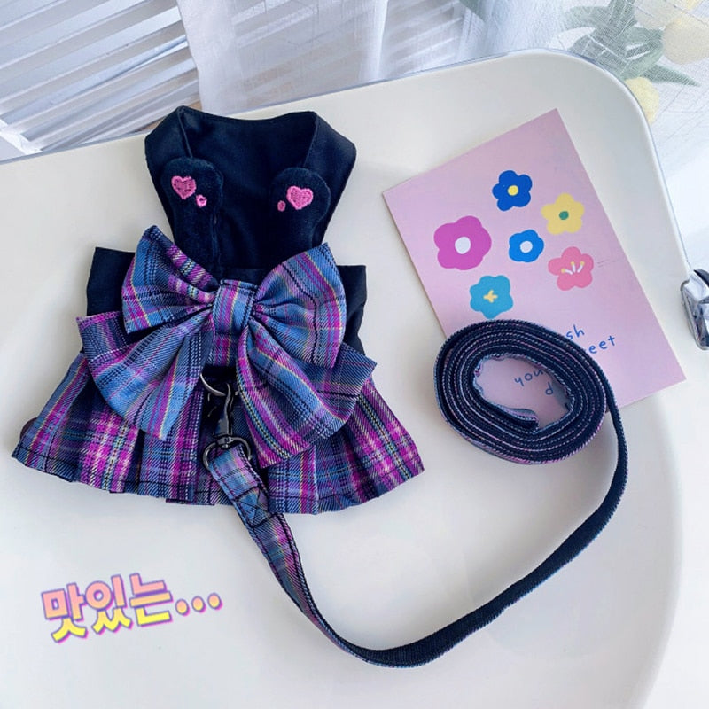 Smart Looking Dog Plaid Party Skirt/Harness With Leash