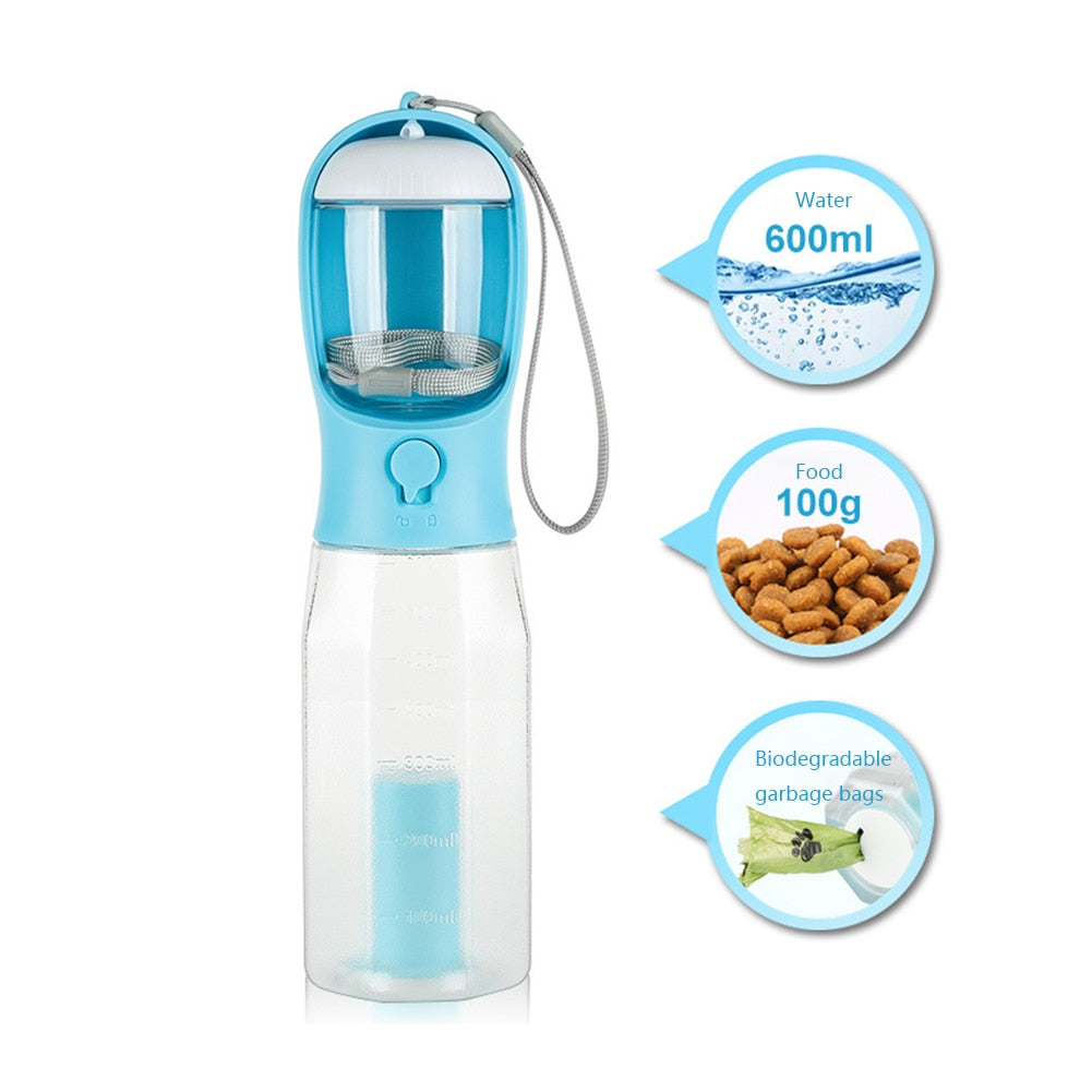 Dog 3-in-1 Water Bottle, Food Feeder, and Garbage Bag Storage