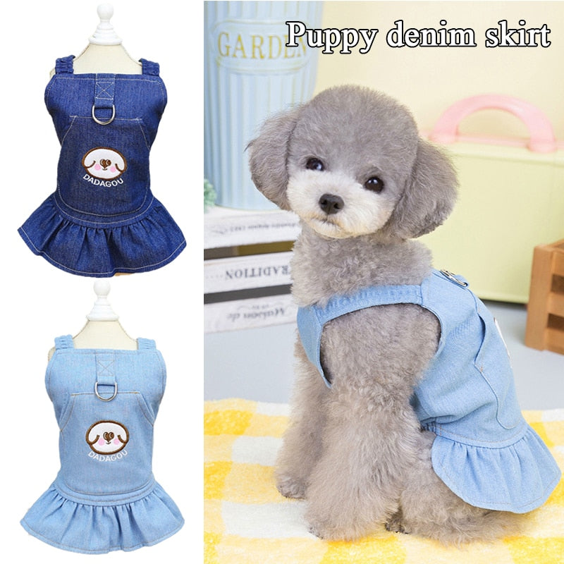 Delightful Denim Pet Dress w/Ruffled Hem and Cartoon Pattern