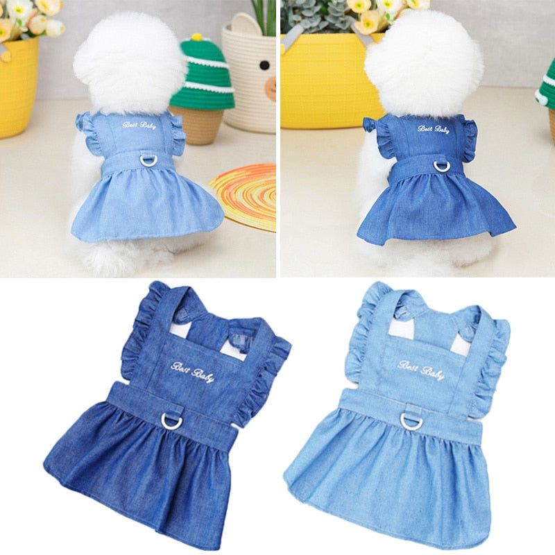 Cute Denim and Checkered Print Fur Baby Flying Sleeve Dresses