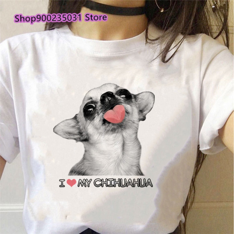 Women's "I LOVE MY CHIHUAHUA" Graphic White T-Shirts, Various Designs