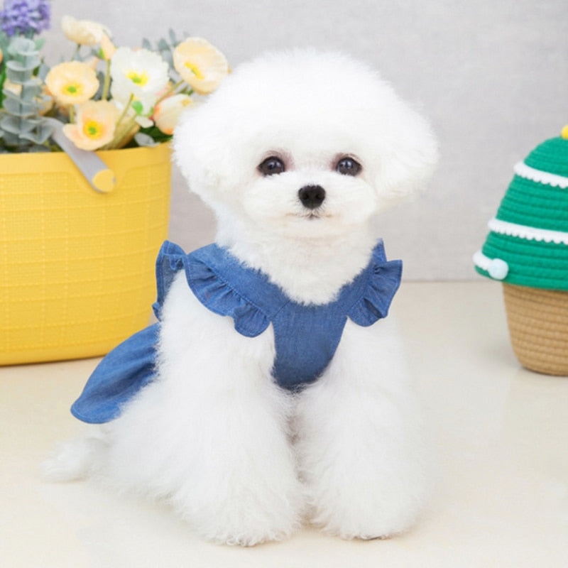 Cute Denim and Checkered Print Fur Baby Flying Sleeve Dresses