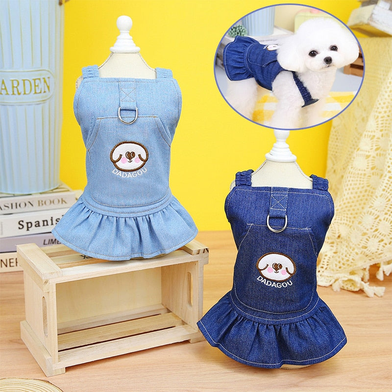 Delightful Denim Pet Dress w/Ruffled Hem and Cartoon Pattern