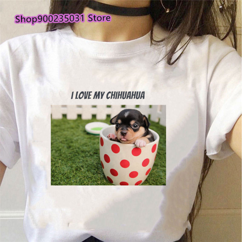 Women's "I LOVE MY CHIHUAHUA" Graphic White T-Shirts, Various Designs