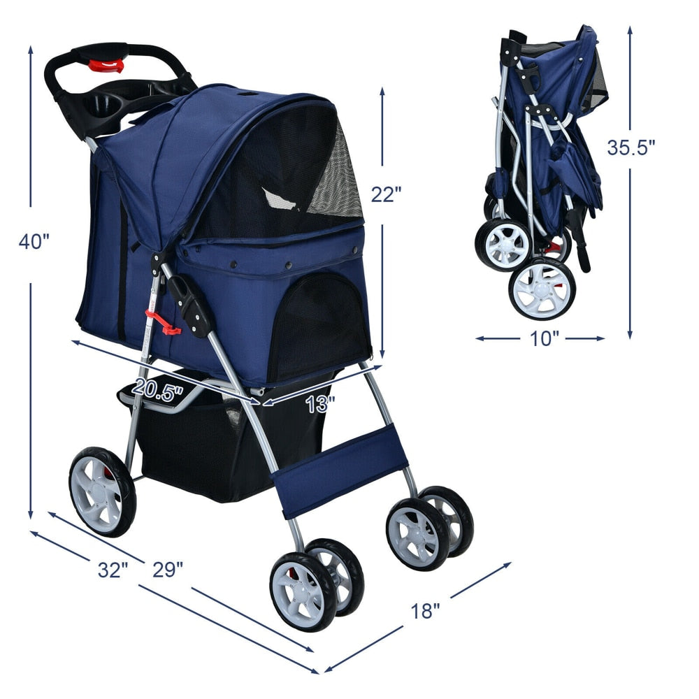 Pet 4-Wheel Folding Stroller, Easy Use, Fold and Store