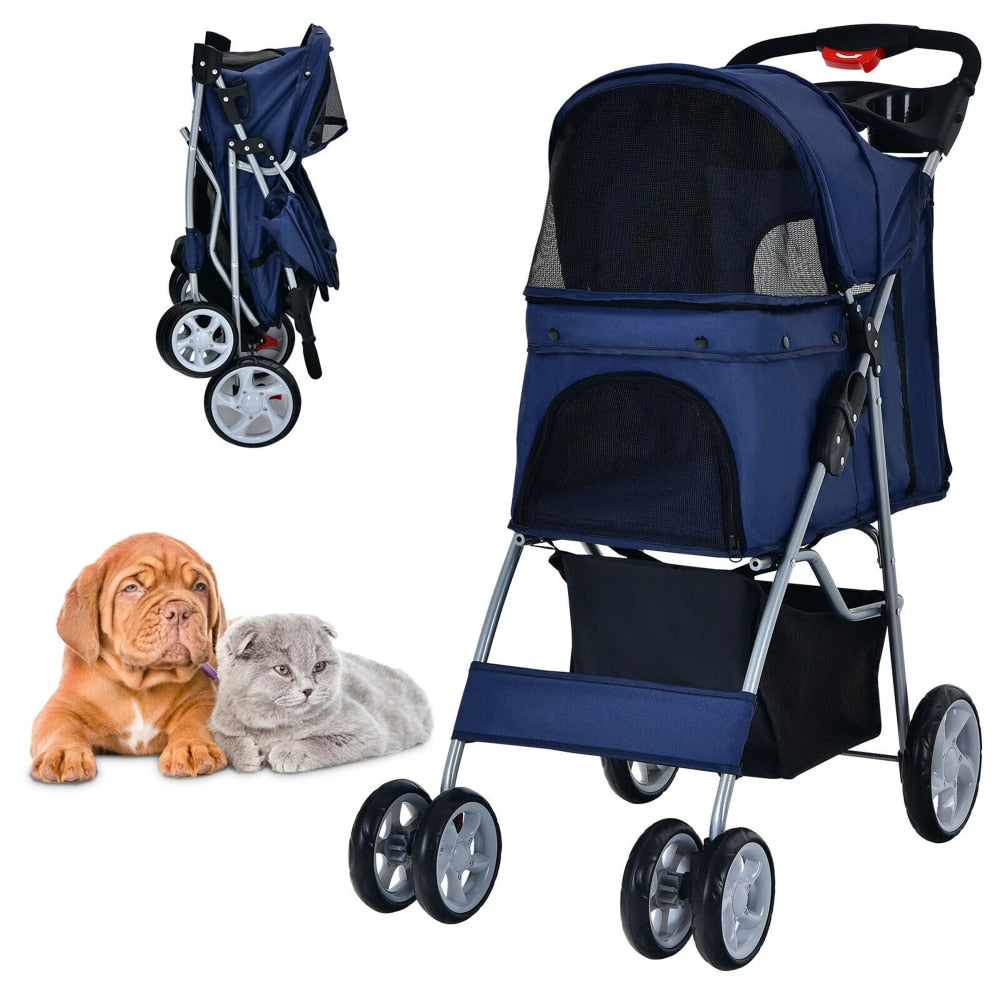 Pet 4-Wheel Folding Stroller, Easy Use, Fold and Store