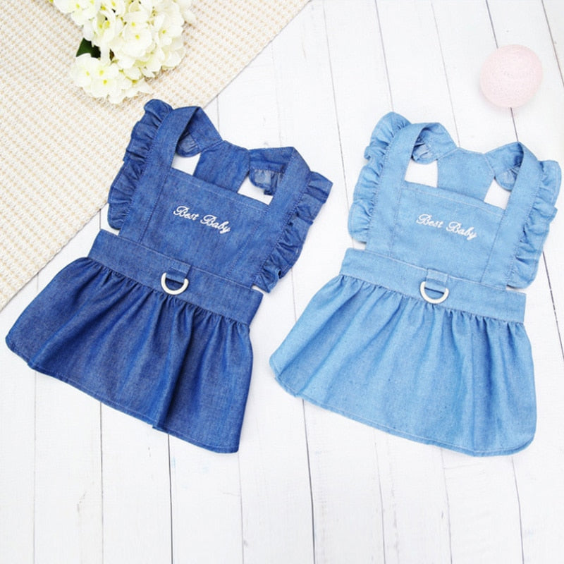 Cute Denim and Checkered Print Fur Baby Flying Sleeve Dresses