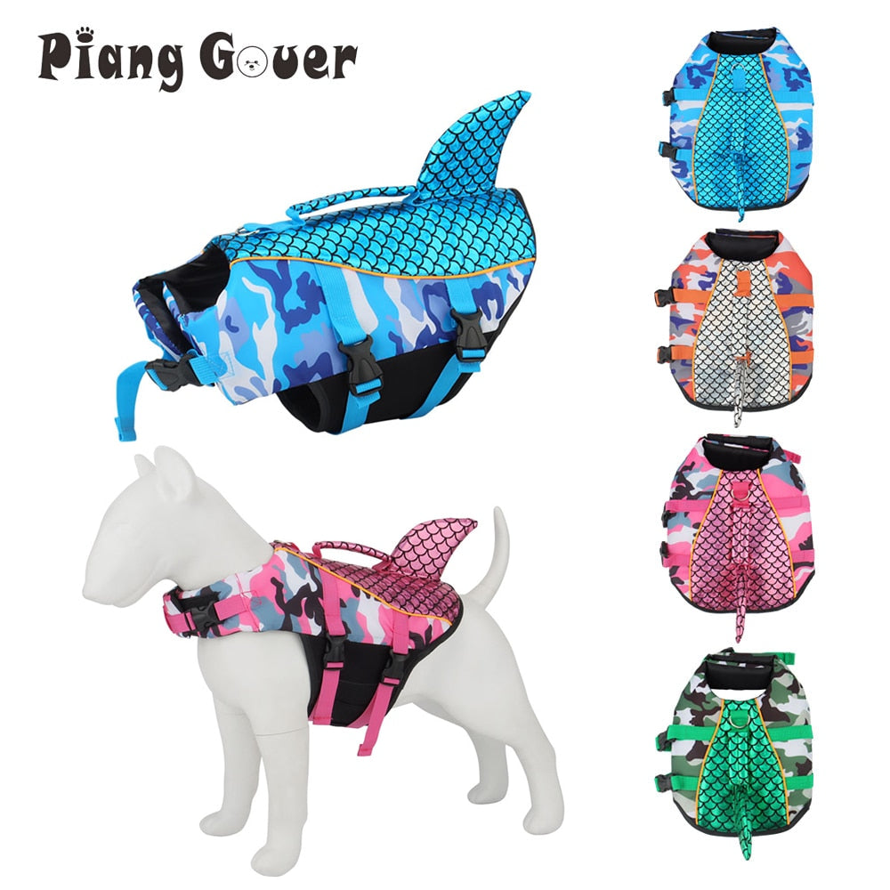 Dog Swimming Vest w/Shark Fin, Quick Release Straps, Grab Handle, & D Ring for Leash