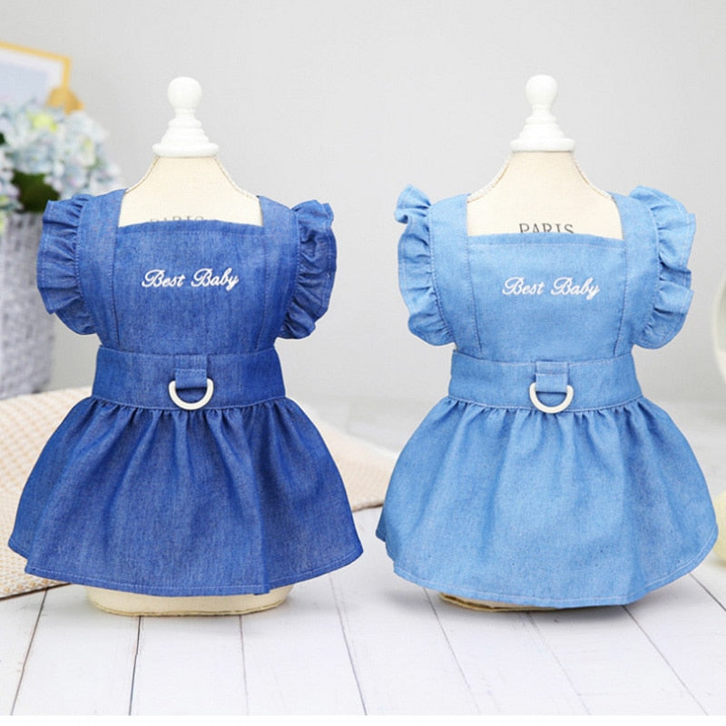 Cute Denim and Checkered Print Fur Baby Flying Sleeve Dresses