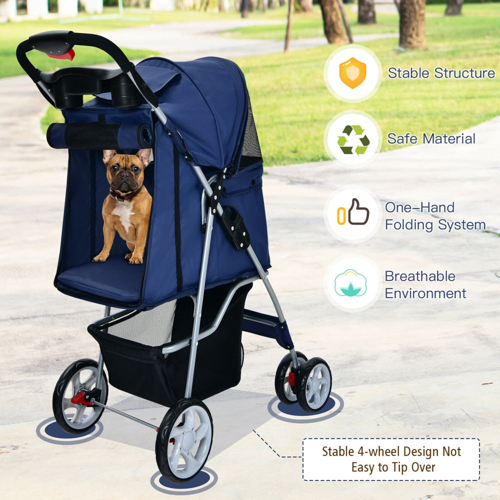 Pet 4-Wheel Folding Stroller, Easy Use, Fold and Store