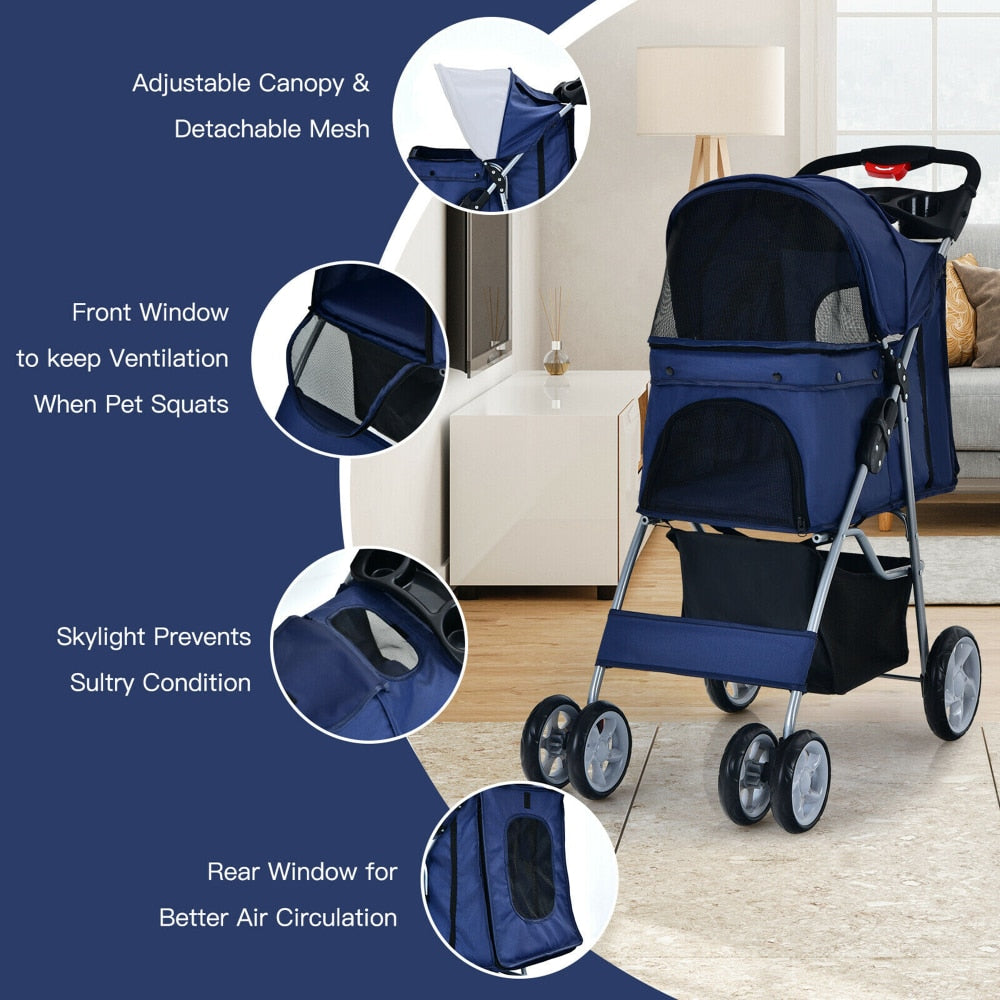 Pet 4-Wheel Folding Stroller, Easy Use, Fold and Store