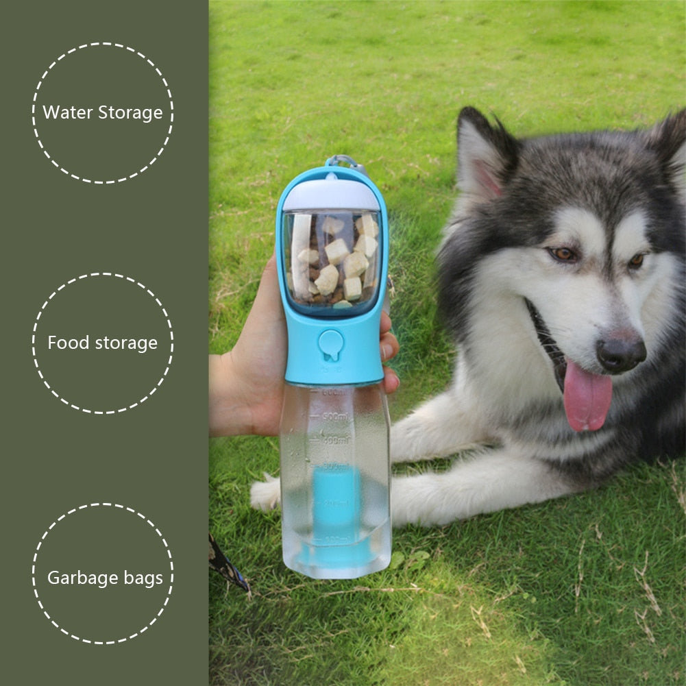 Dog 3-in-1 Water Bottle, Food Feeder, and Garbage Bag Storage