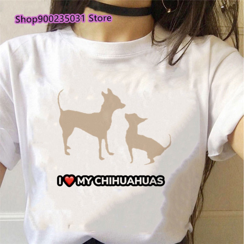 Women's "I LOVE MY CHIHUAHUA" Graphic White T-Shirts, Various Designs