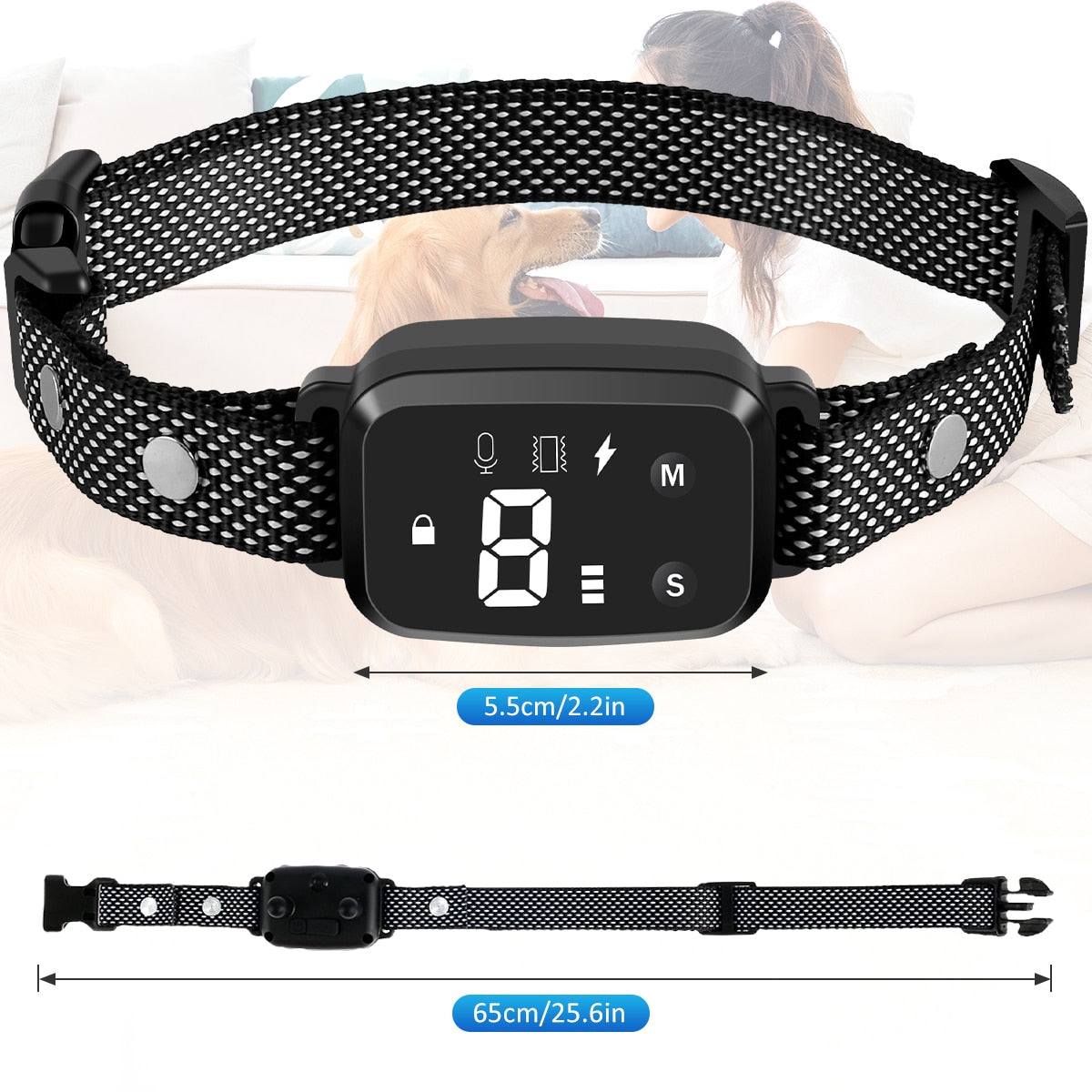 Dog Anti-Bark Training Collar, Rechargeable, Waterproof, 4 Modes/8 Levels Each
 
Pet Anti-Bark Training Collar w/4 Modes & Each w/8 Levels, Waterproof, Easy to Adjust Collar, Rechargeable w/USB Cable
 
Features:
[Anti-Barking