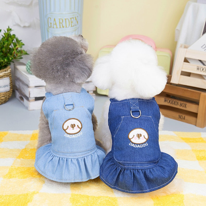 Delightful Denim Pet Dress w/Ruffled Hem and Cartoon Pattern