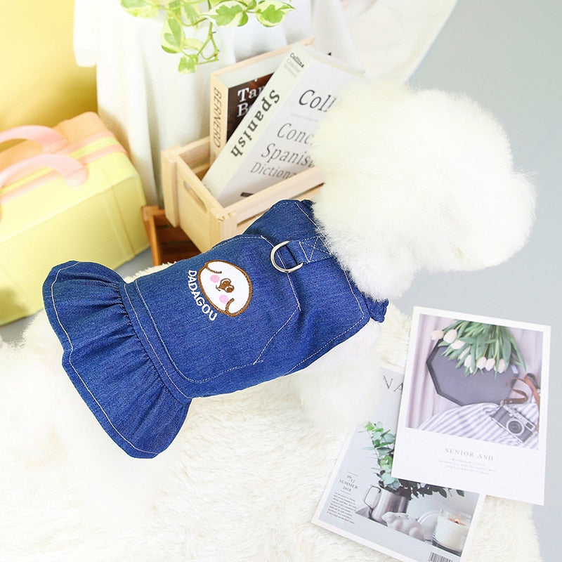 Delightful Denim Pet Dress w/Ruffled Hem and Cartoon Pattern