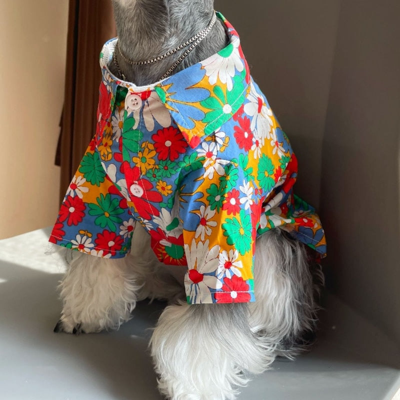 Cute Summer Style With Bright Colored Flowered Dog ShirtFlashy Summer Bright Colored Flowered Dog Shirt