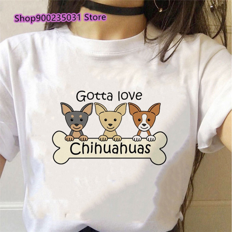 Women's "I LOVE MY CHIHUAHUA" Graphic White T-Shirts, Various Designs