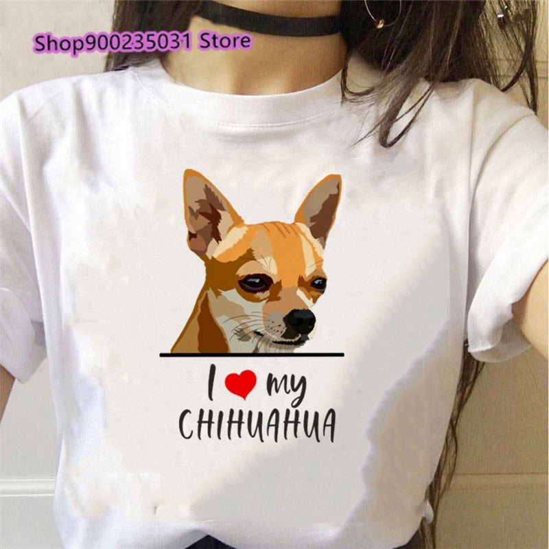 Women's "I LOVE MY CHIHUAHUA" Graphic White T-Shirts, Various Designs