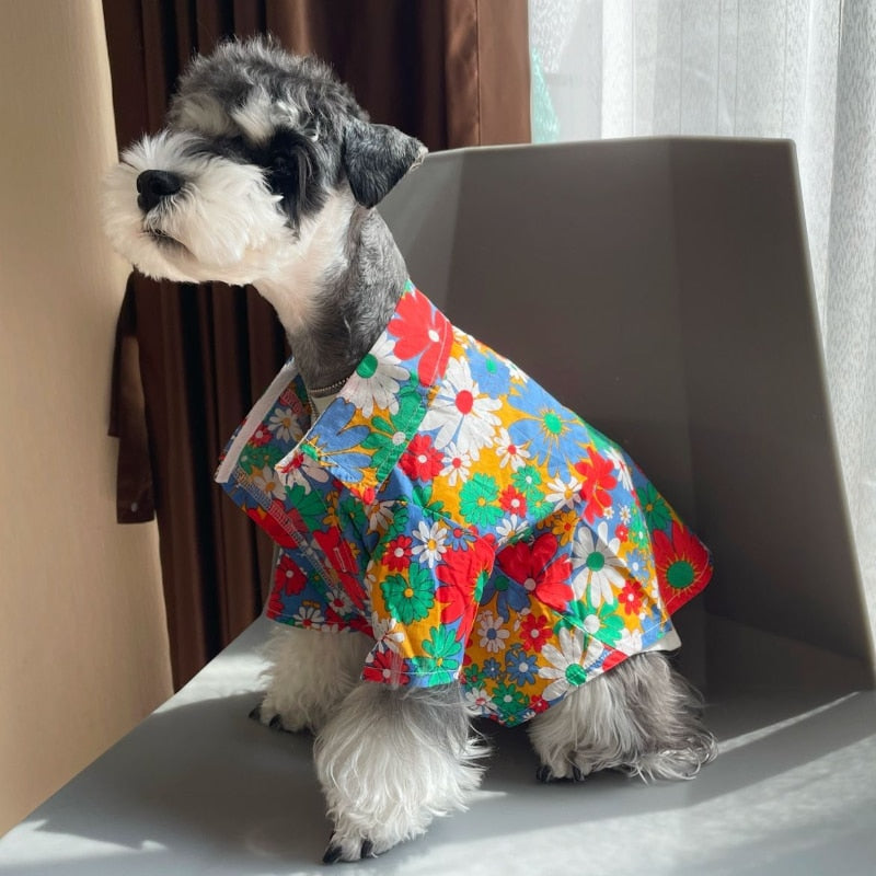 Cute Summer Style With Bright Colored Flowered Dog ShirtFlashy Summer Bright Colored Flowered Dog Shirt