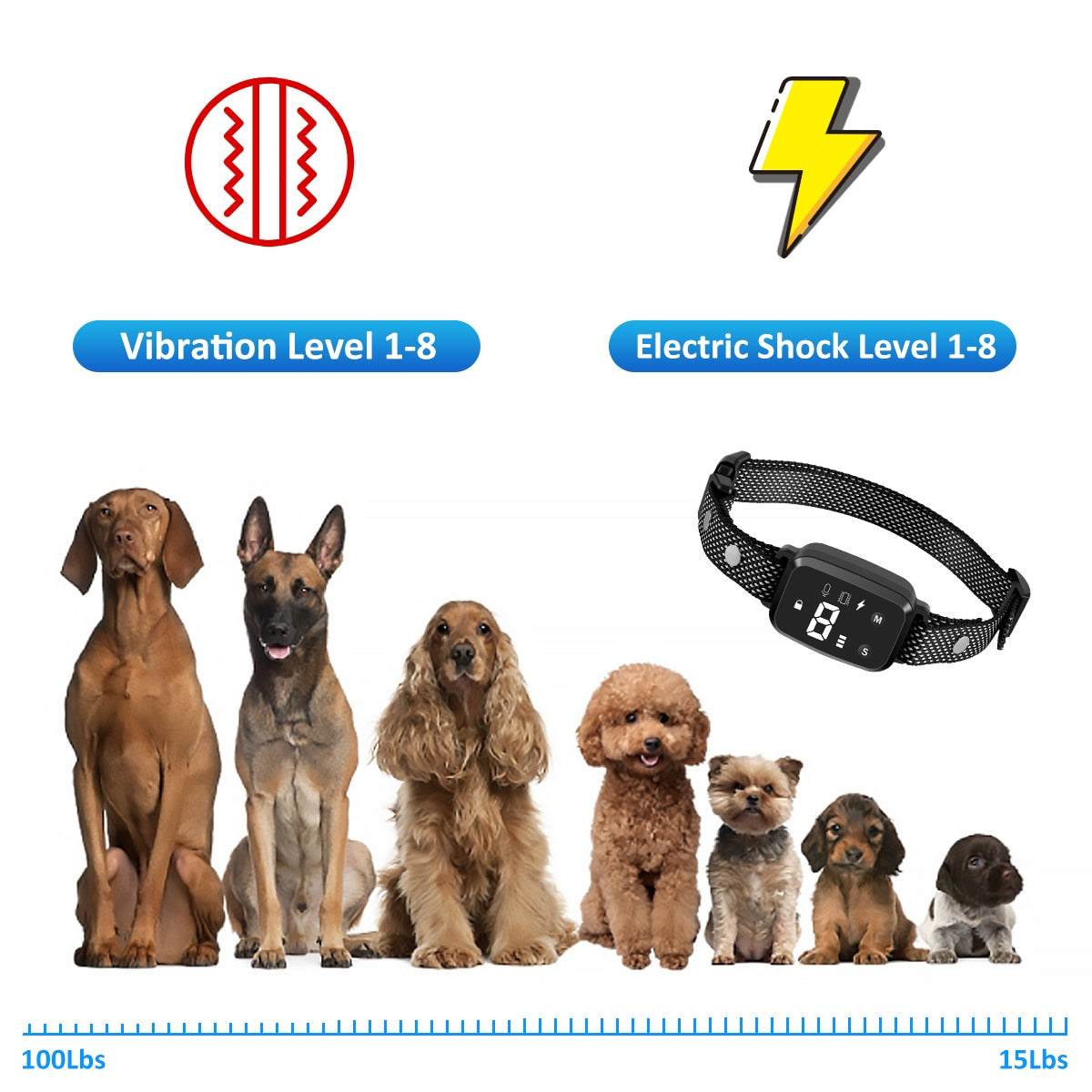 Dog Anti-Bark Training Collar, Rechargeable, Waterproof, 4 Modes/8 Levels Each
 
Pet Anti-Bark Training Collar w/4 Modes & Each w/8 Levels, Waterproof, Easy to Adjust Collar, Rechargeable w/USB Cable
 
Features:
[Anti-Barking