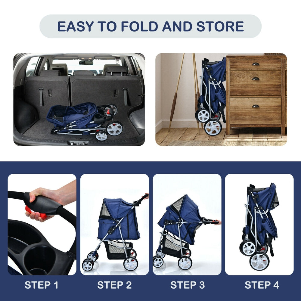 Pet 4-Wheel Folding Stroller, Easy Use, Fold and Store