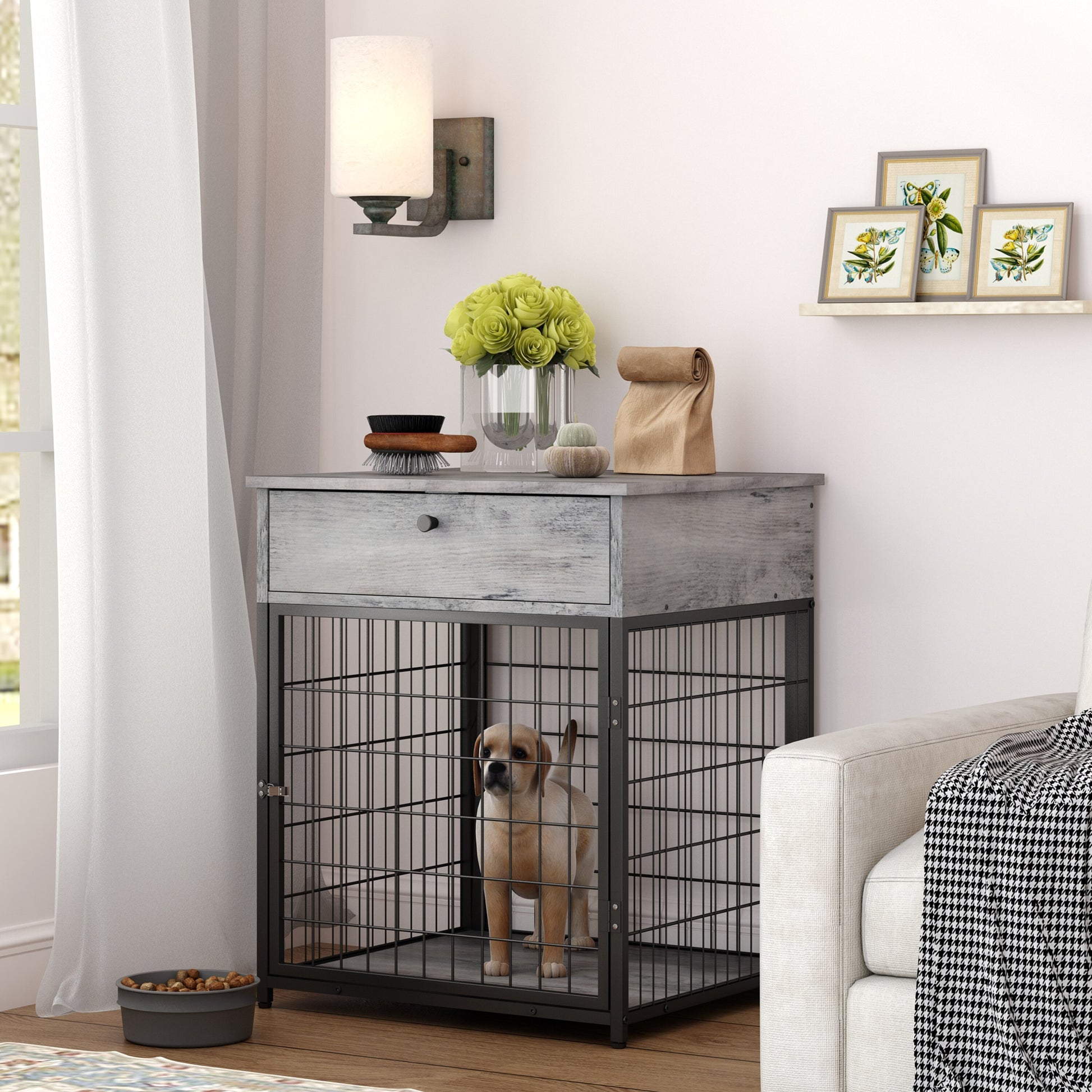 Fashionable Pet End Table Crate, Wood Top Painted Metal Panels - mypreciousfurbabies