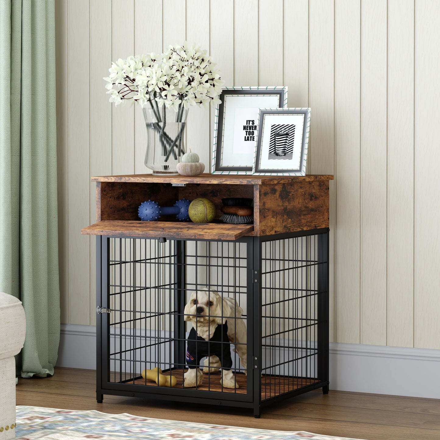 Fashionable Pet End Table Crate, Wood Top Painted Metal Panels - mypreciousfurbabies