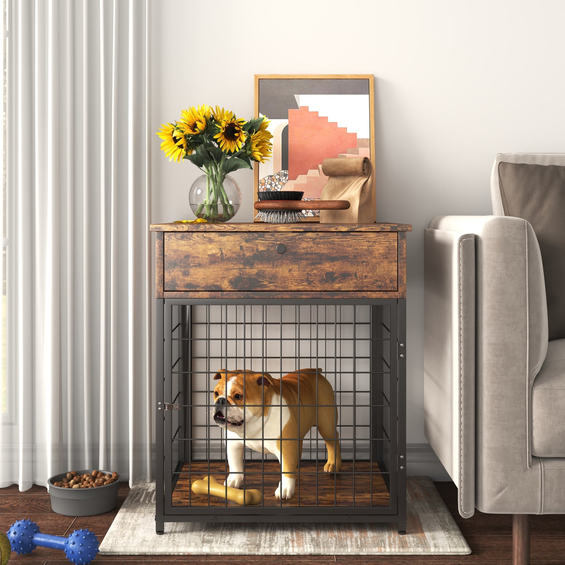 Fashionable Pet End Table Crate, Wood Top Painted Metal Panels - mypreciousfurbabies