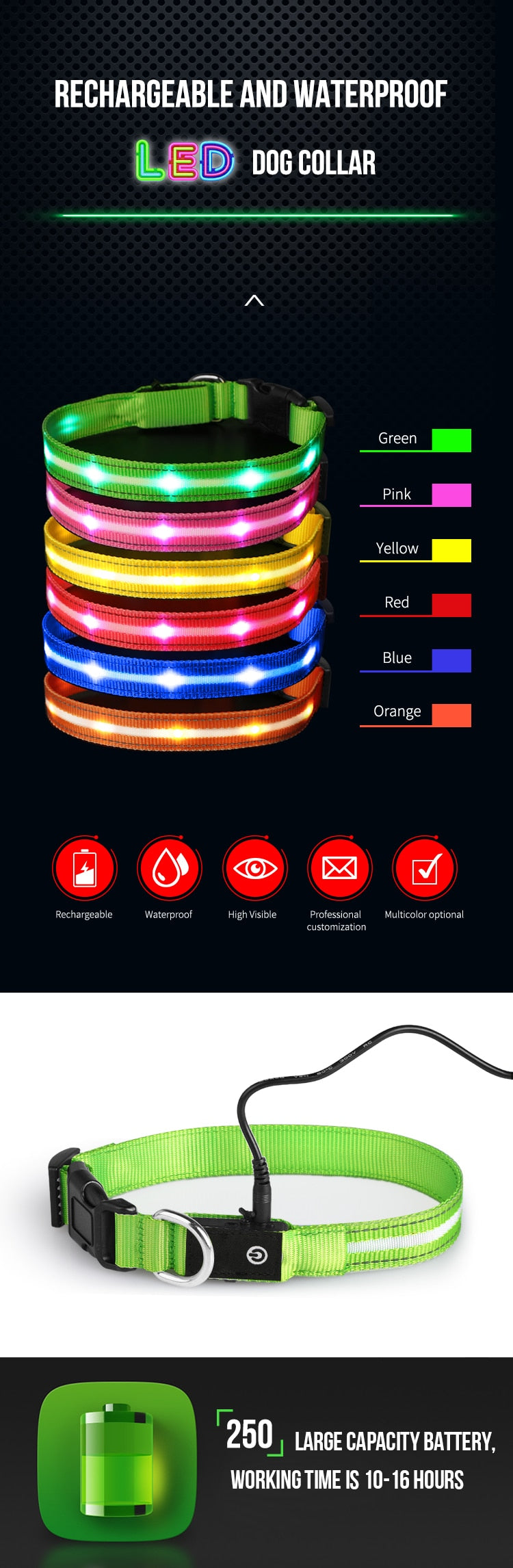 Pet LED Light-up & Blinking Collars, Rechargeable, Waterproof, 4 Sizes, 7 Colors