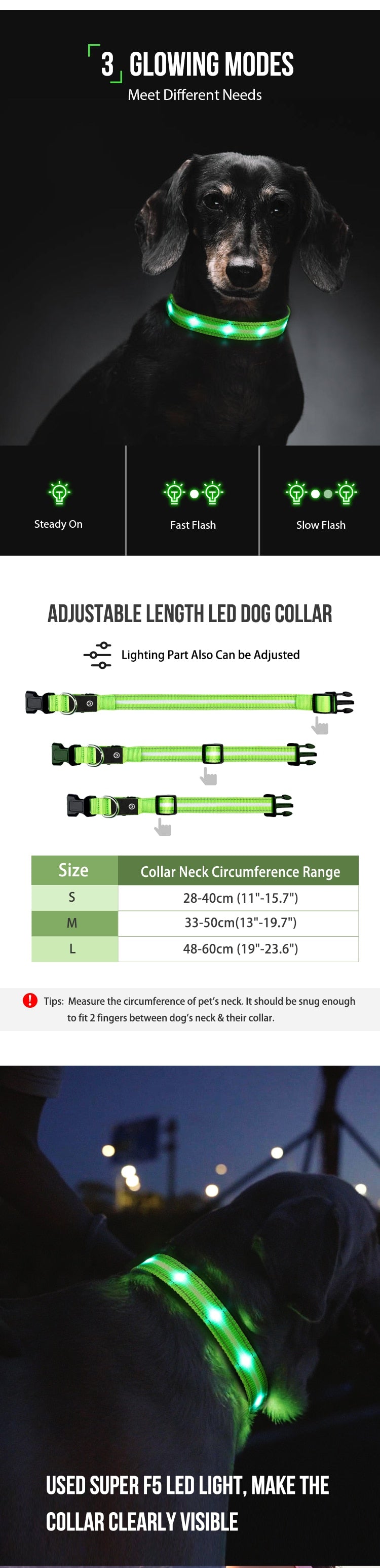 Pet LED Light-up & Blinking Collars, Rechargeable, Waterproof, 4 Sizes, 7 Colors