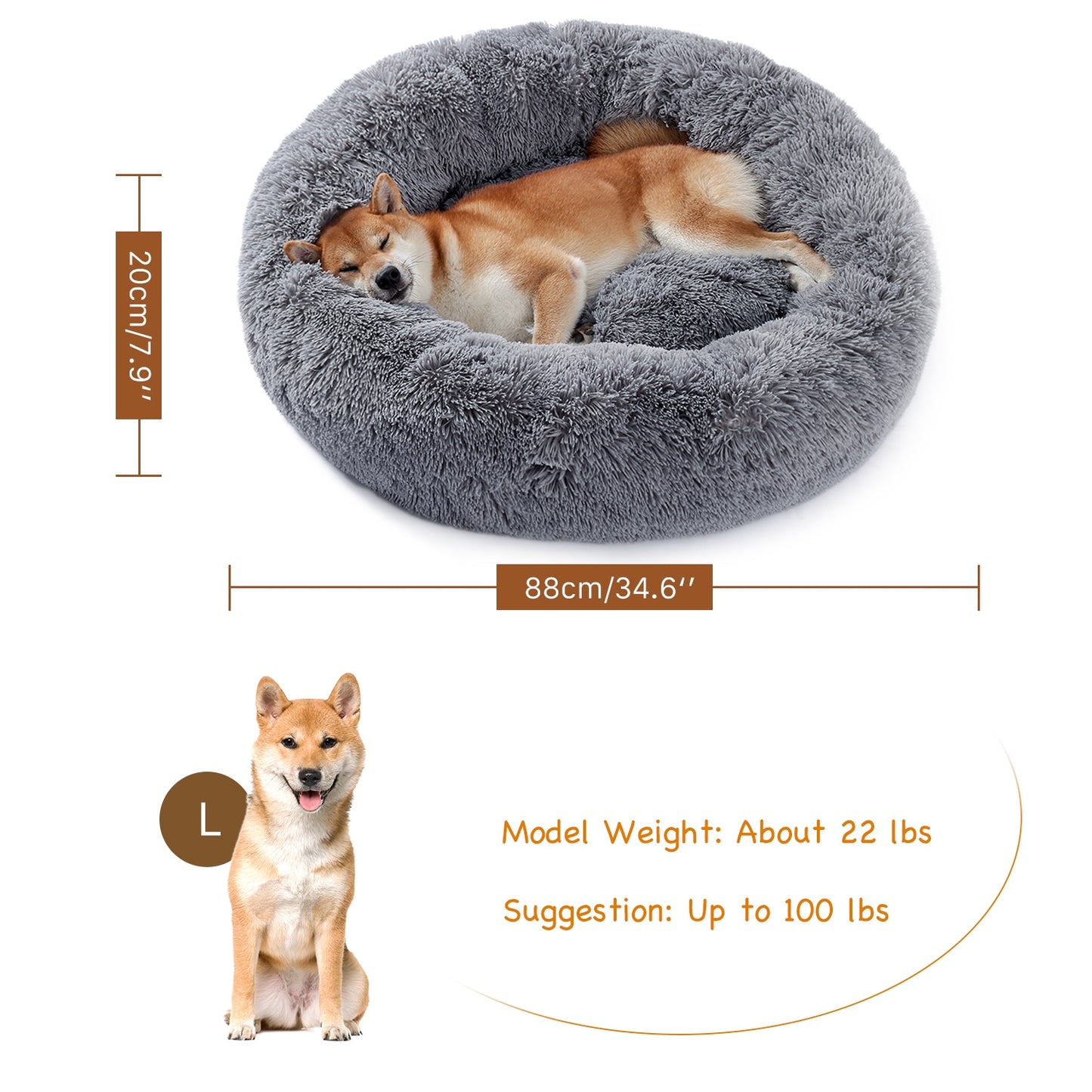 Pet Bed w/Faux Shag Fur, Cover Machine Washable, 4 Sizes, & 3 Colors