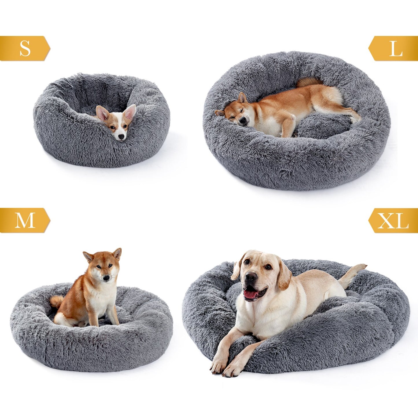 Pet Bed w/Faux Shag Fur, Cover Machine Washable, 4 Sizes, & 3 Colors