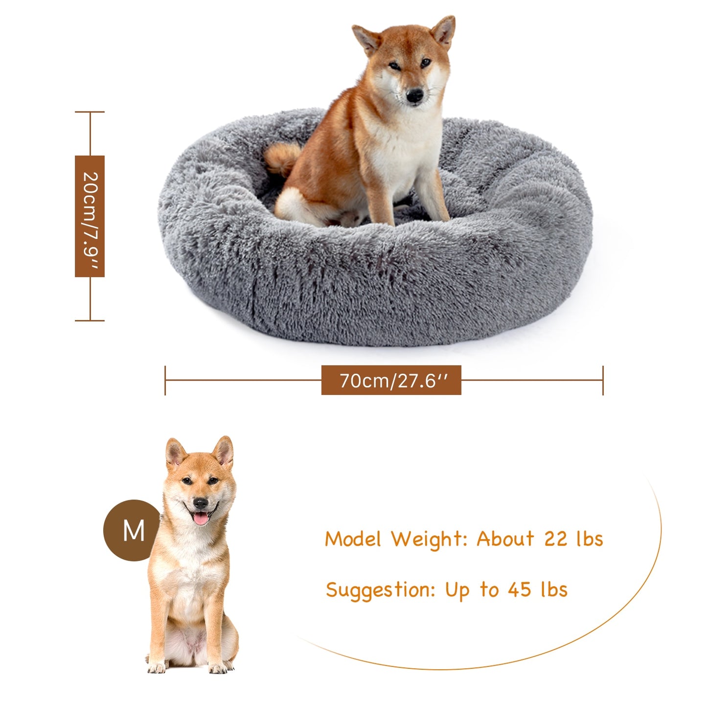 Pet Bed w/Faux Shag Fur, Cover Machine Washable, 4 Sizes, & 3 Colors