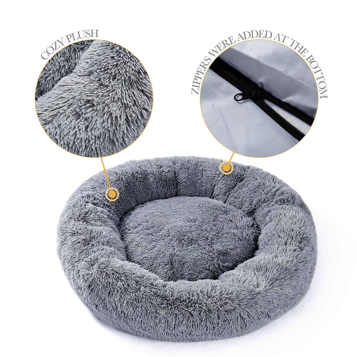 Pet Bed w/Faux Shag Fur, Cover Machine Washable, 4 Sizes, & 3 Colors