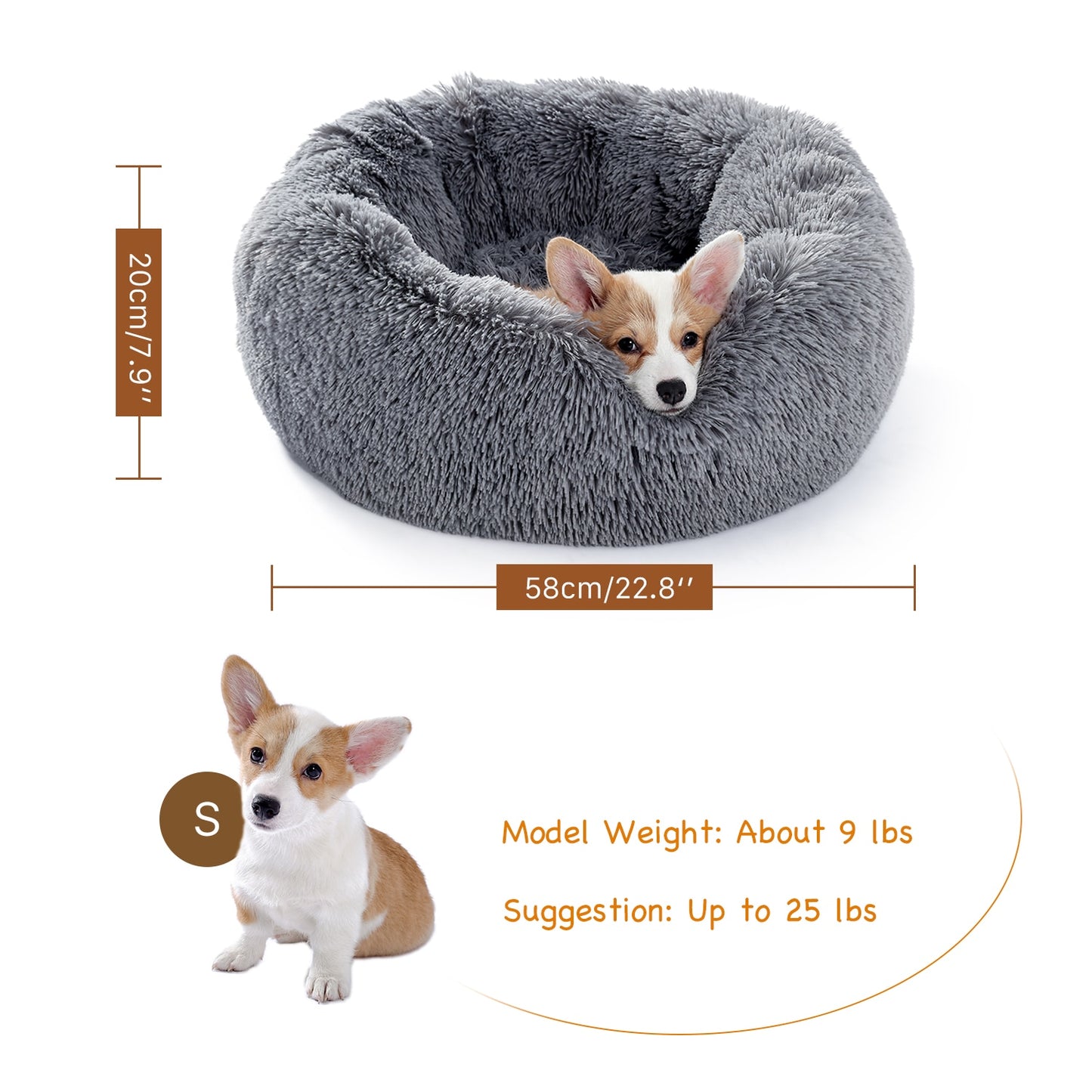 Pet Bed w/Faux Shag Fur, Cover Machine Washable, 4 Sizes, & 3 Colors