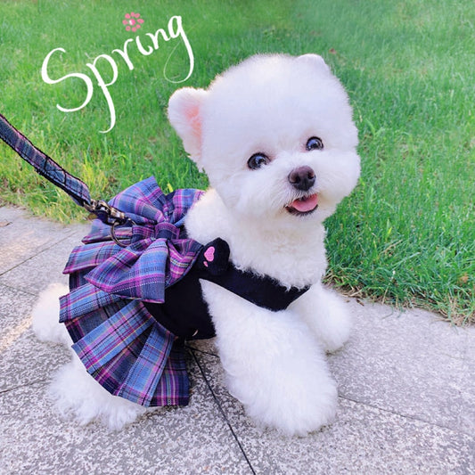 Smart Looking Dog Plaid Party Skirt/Harness With Leash