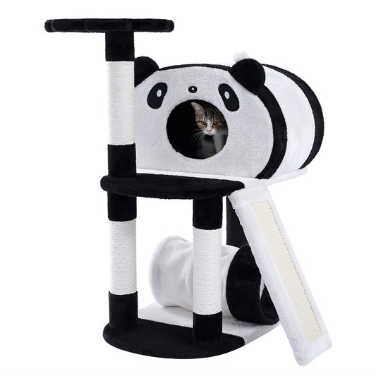 Cat Panda Tower Wrapped In Soft Cotton, w/Scratching Poles & Board - mypreciousfurbabies