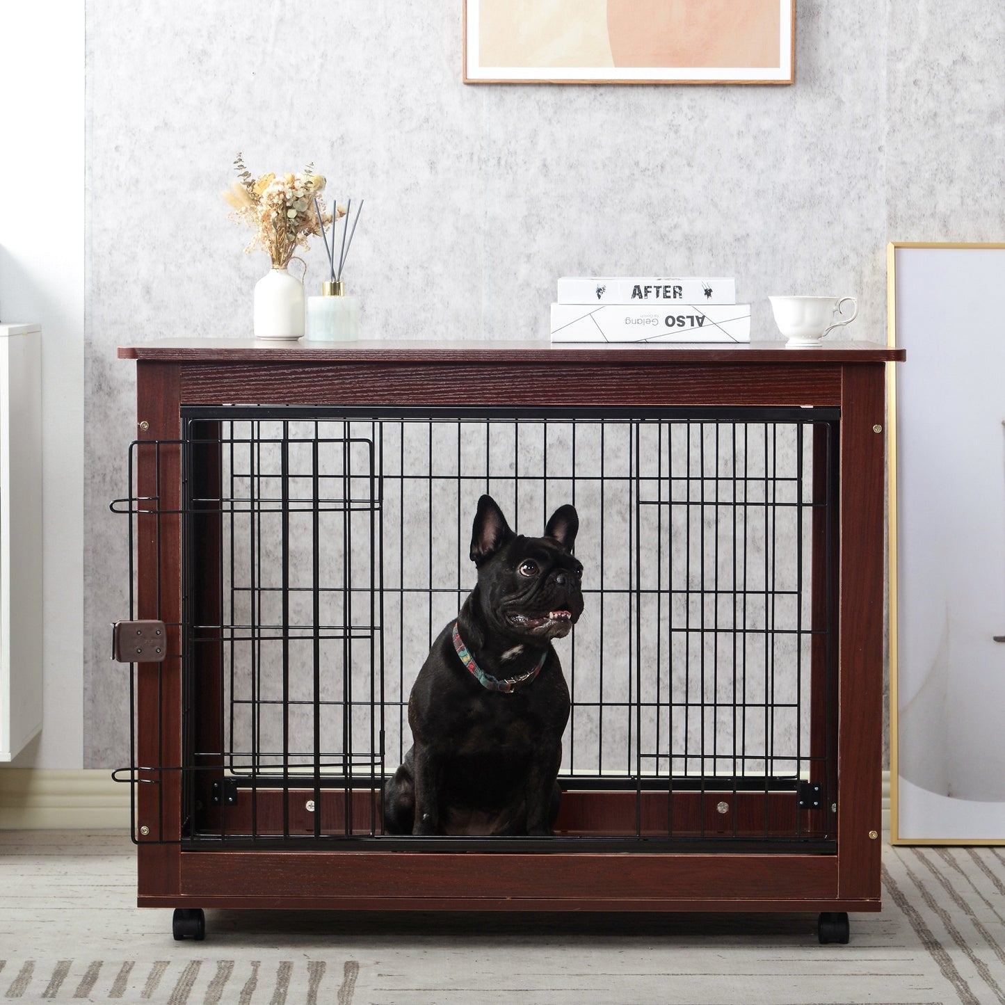 Pet/Dog End Table Crate, Wood Frame w/Wire Panels, Moveable, Assy. Required