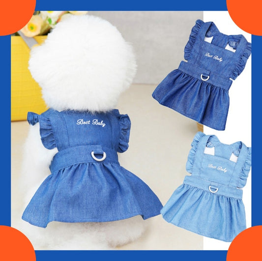 Cute Denim and Checkered Print Fur Baby Flying Sleeve Dresses