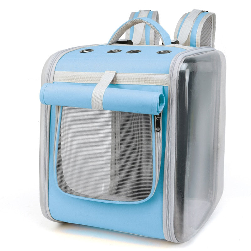 Pet Travel Backpack w/Top Vents & Front Nylon Mesh Provides Circulation, Clear Plastic Sides Provide Great Viewing