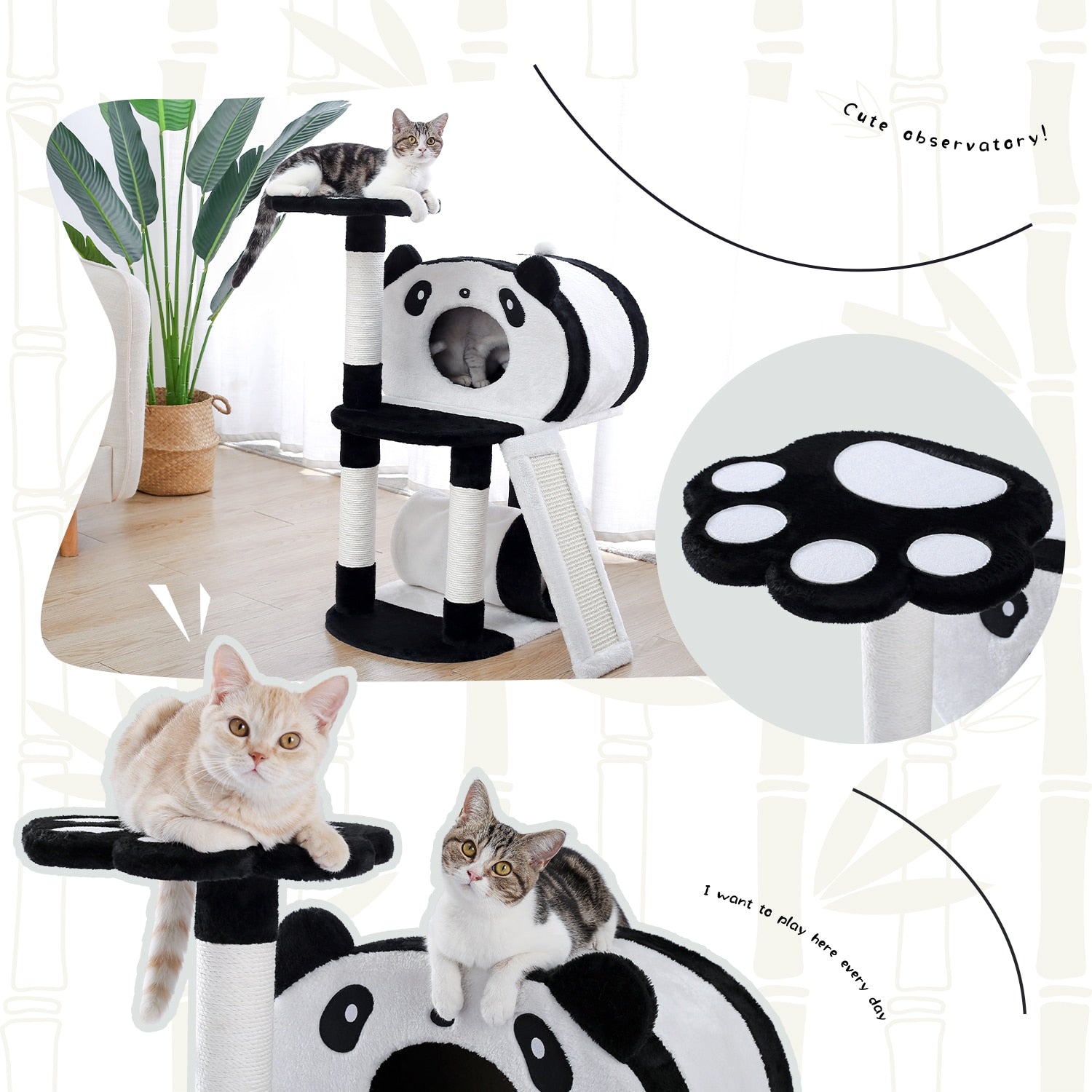 Cat Panda Tower Wrapped In Soft Cotton, w/Scratching Poles & Board - mypreciousfurbabies