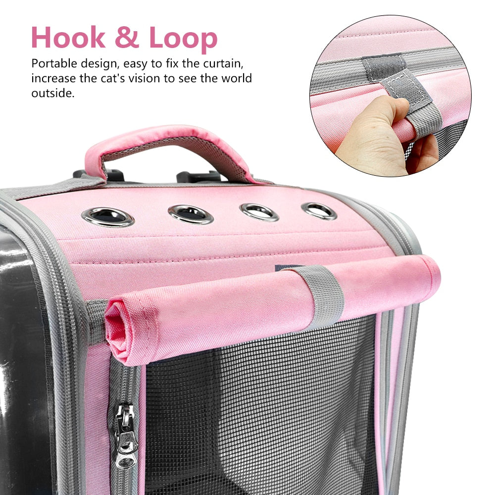 Pet Travel Backpack w/Top Vents & Front Nylon Mesh Provides Circulation, Clear Plastic Sides Provide Great Viewing