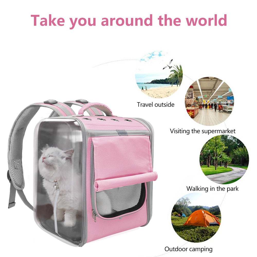 Pet Travel Backpack w/Top Vents & Front Nylon Mesh Provides Circulation, Clear Plastic Sides Provide Great Viewing