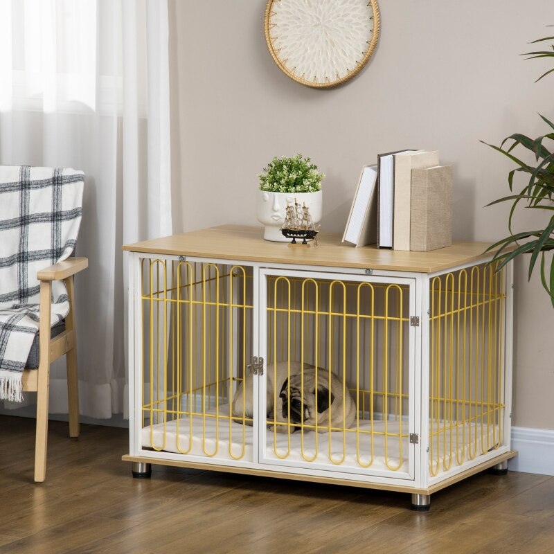 Dog Indoor Oak Top End Table Crate, w/Washable Cushion - mypreciousfurbabies