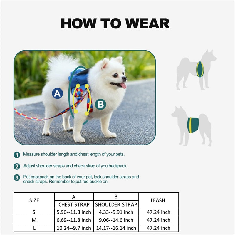 Pet Canvas Backpack Harness w/Leash Set, Adjustable, 3 Colors & Sizes