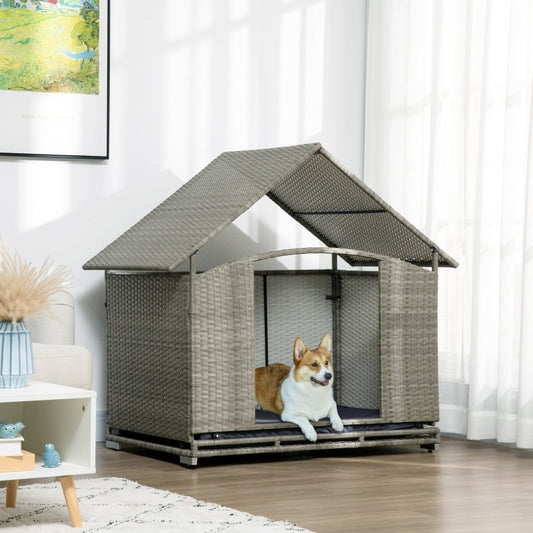 Indoor/Outdoor Wicker House W/Canopy, Rattan Bed, Soft Cushion, & Elevated - mypreciousfurbabies