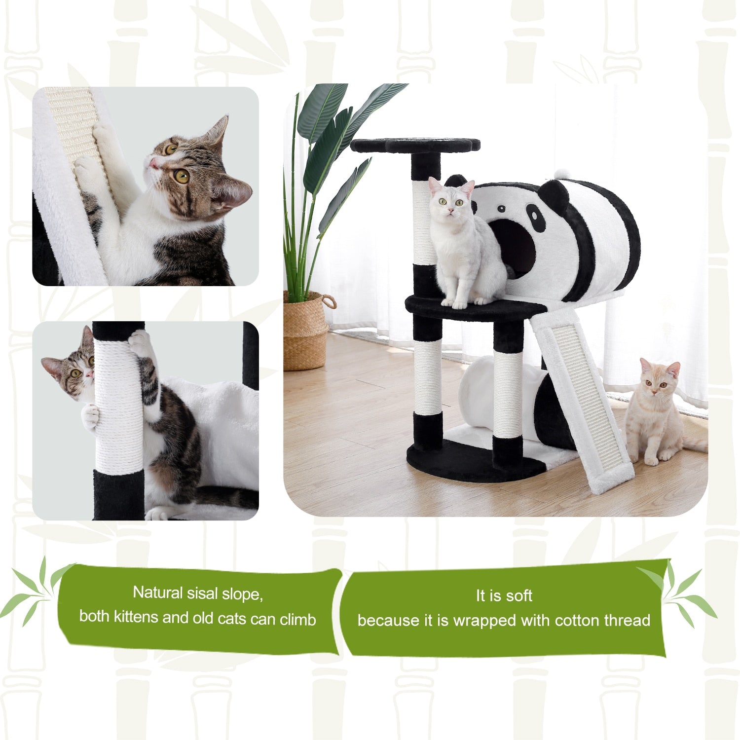 Cat Panda Tower Wrapped In Soft Cotton, w/Scratching Poles & Board - mypreciousfurbabies