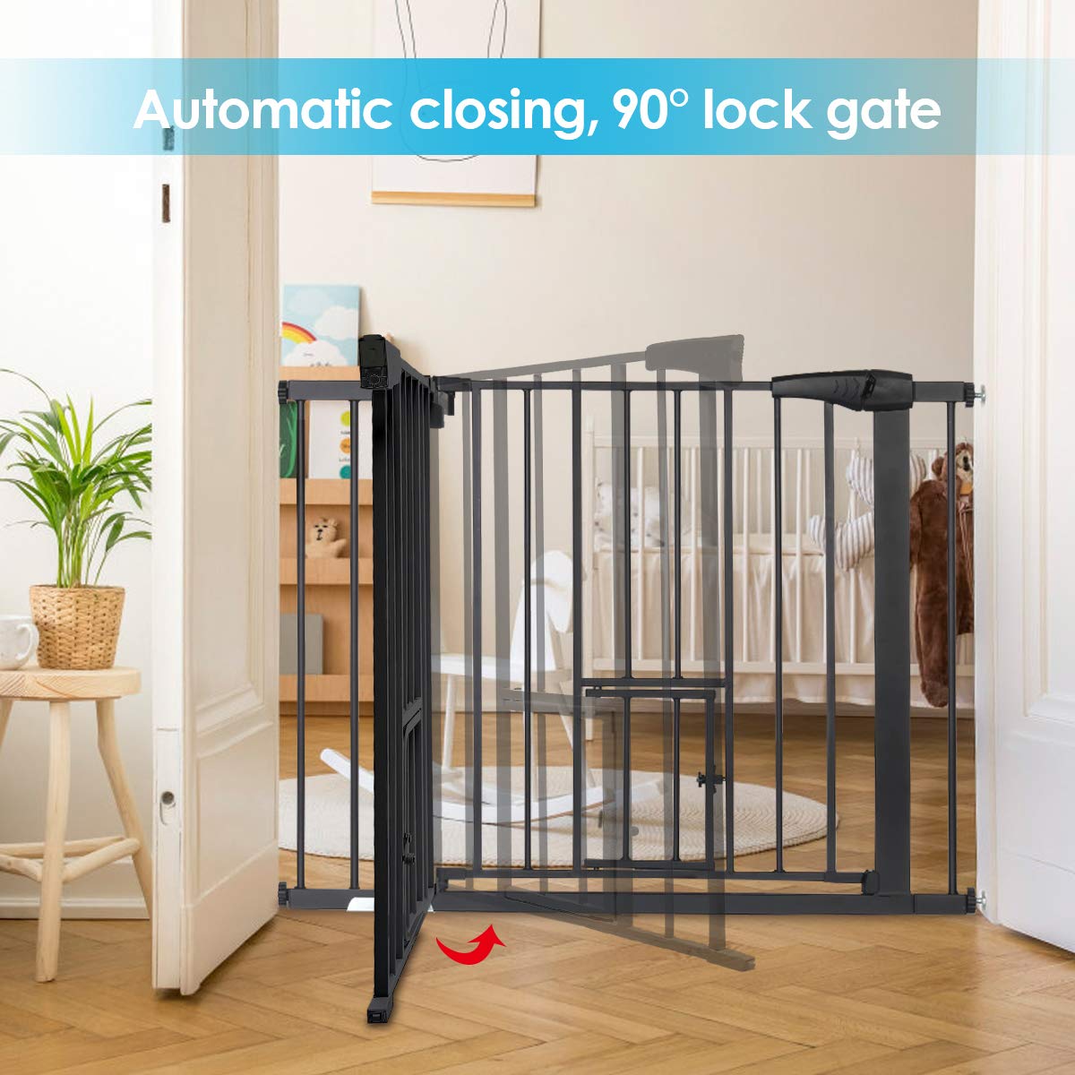 Pet Pressure-Mounted Gate Extra Tall & Wide w/2 Extensions, 90° Hold Open, Auto Close, & Pet Gate Withing the Gate